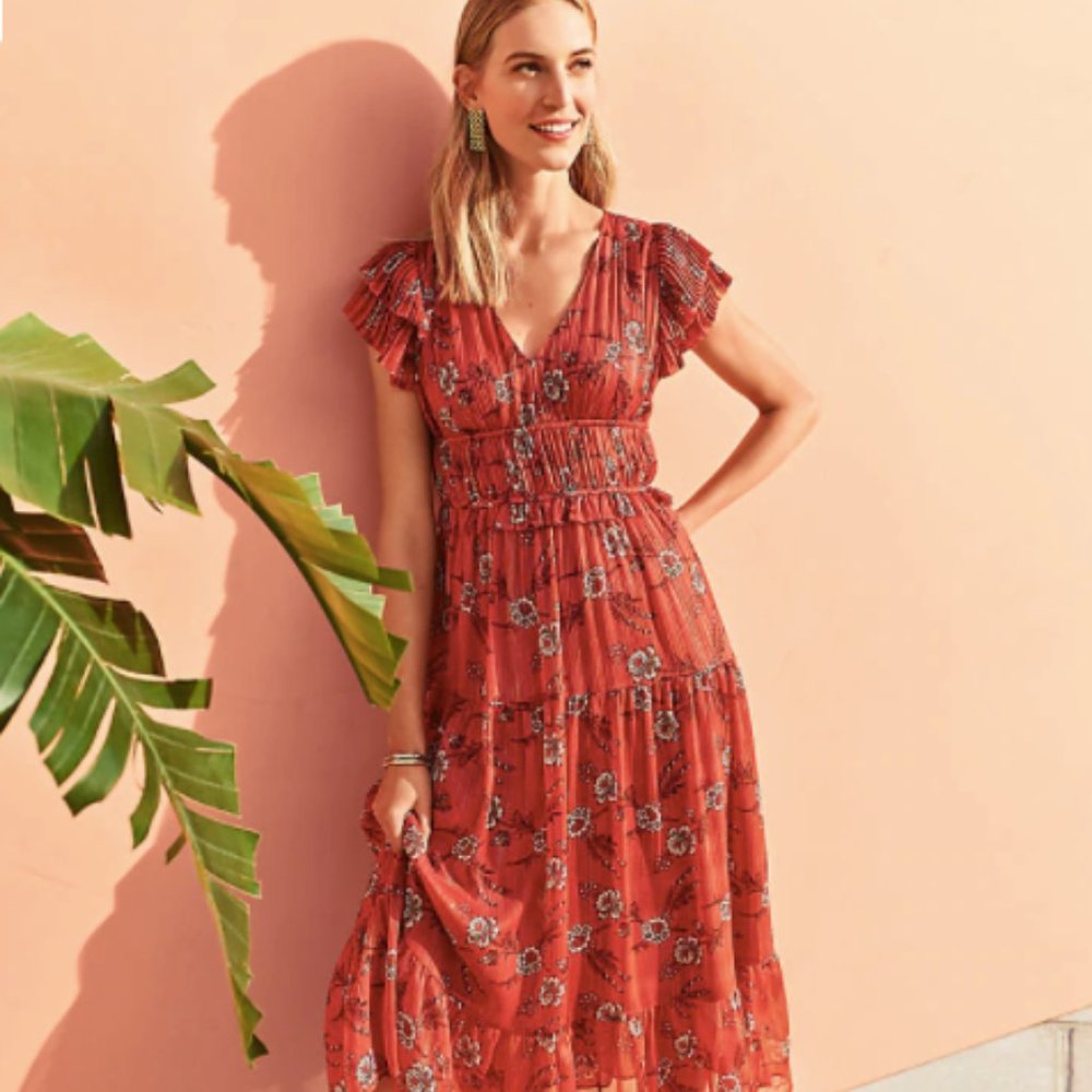 Ann Taylor Shimmer Floral Flutter Sleeve Maxi Dress